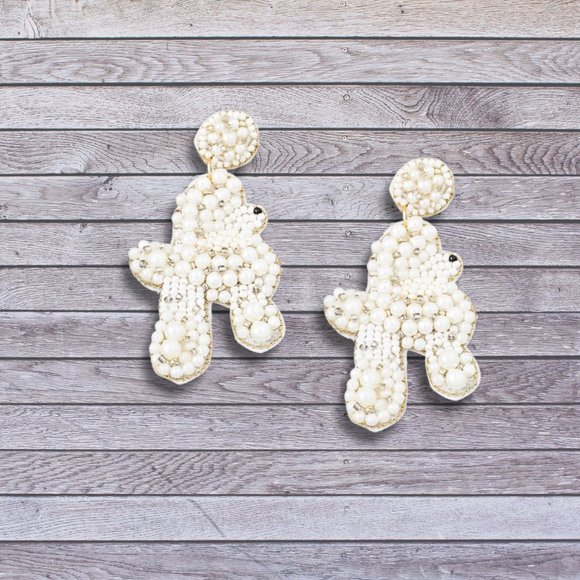 NEW Seed Beaded White Poodle Dog Breed Statement Earrings - Picture 2 of 2
